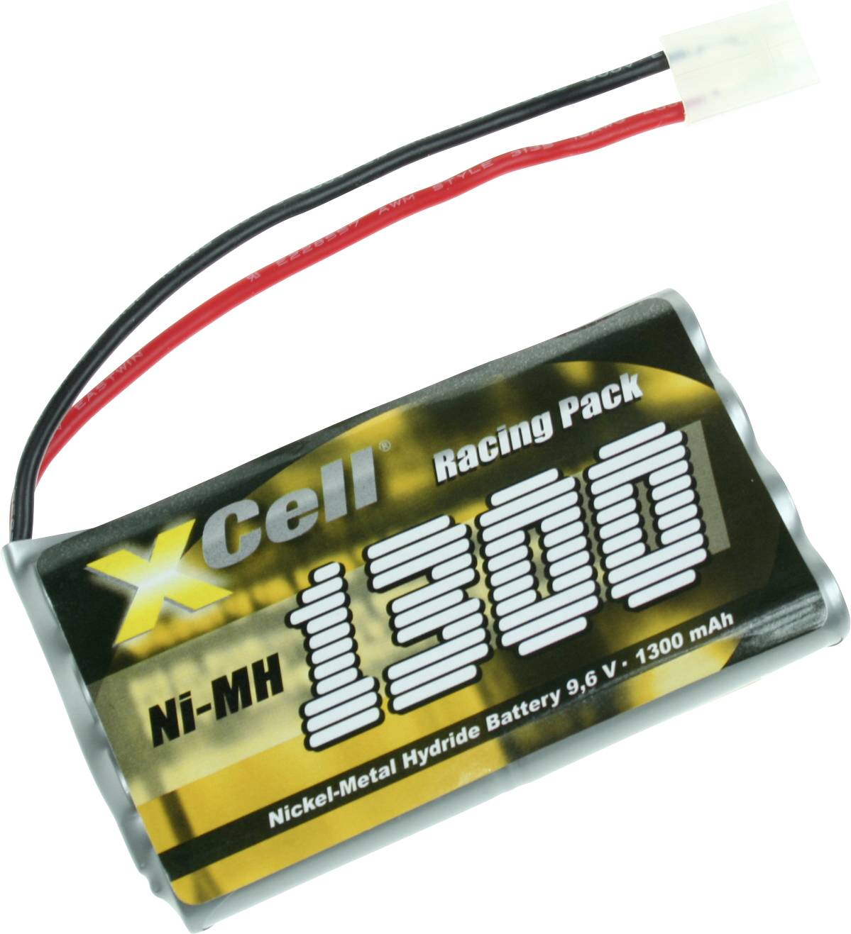 « XCell Ni-MH 1300 mAh, batterie pack de course 9,6V » avec fils noirs et rouges et connecteur blanc. Convient aux véhicules RC haute performance.