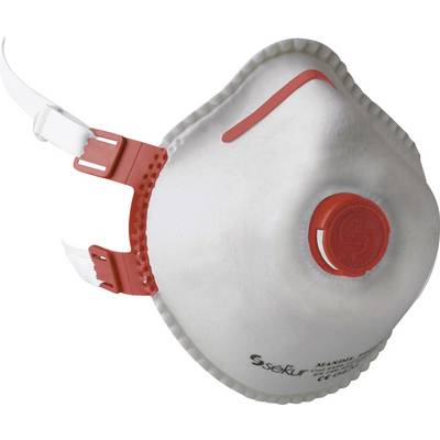 Un masque facial blanc avec une valve rouge et des sangles, conçu pour la protection respiratoire.