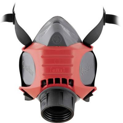 Un masque respiratoire facial intégral de protection rouge et noir avec des bandes ajustables, conçu pour un usage industriel ; doté d'un filtre respiratoire circulaire.