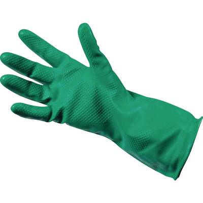 Un gant en caoutchouc vert avec une poignée texturée, conçu pour les tâches de nettoyage ou de protection.
