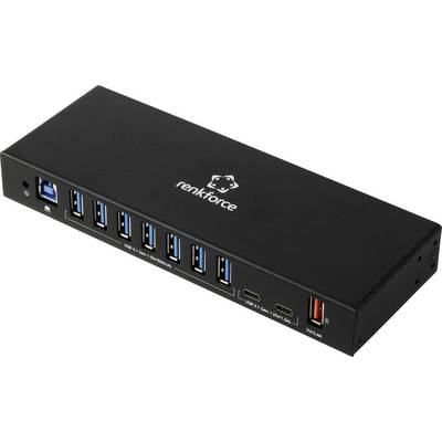 Concentrateur USB Renkforce noir avec sept ports USB-A bleus, un port USB-C et un port USB-A rouge étiqueté « BC 1.2 ».