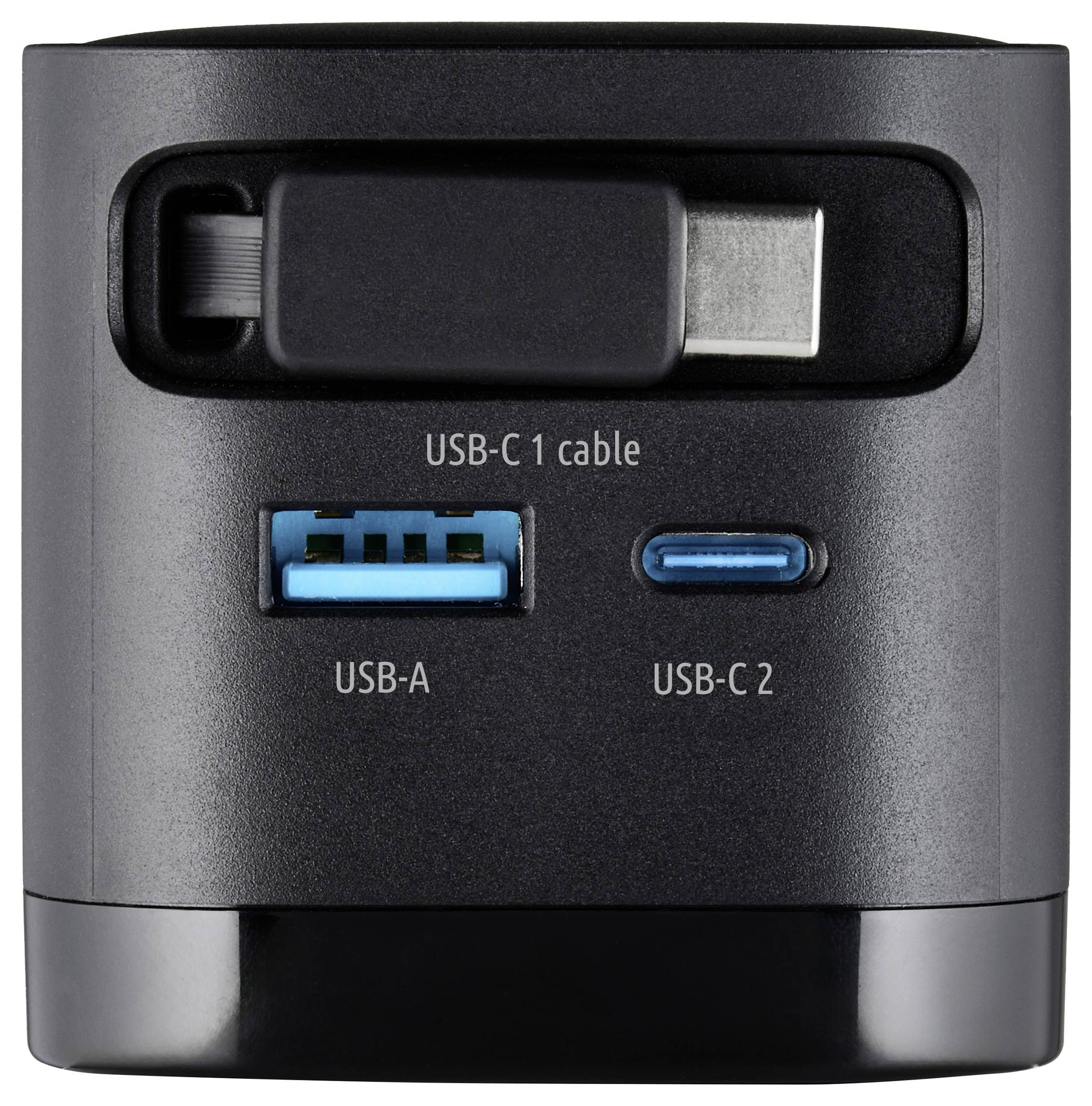 Un adaptateur secteur équipé d'un câble USB-C rétractable et de ports : un USB-A et un USB-C étiqueté « USB-C 2 », conçu pour charger des appareils.