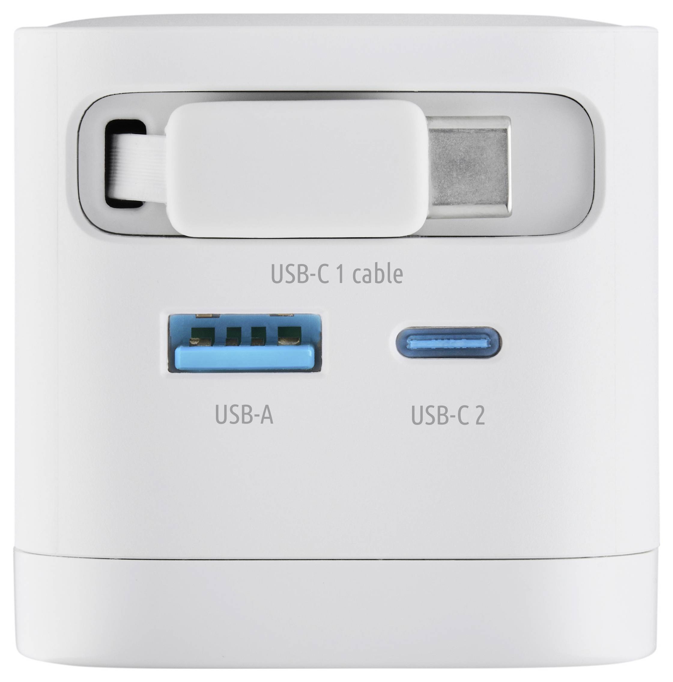'Moyeu de charge blanc avec câble USB-C rétractable, port USB-A et port USB-C étiqueté C2. Convient pour la charge de plusieurs appareils.'