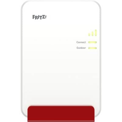Un appareil blanc avec le logo « FRITZ! », des voyants jaunes pour « Connect » et « Outdoor », et une base rouge.