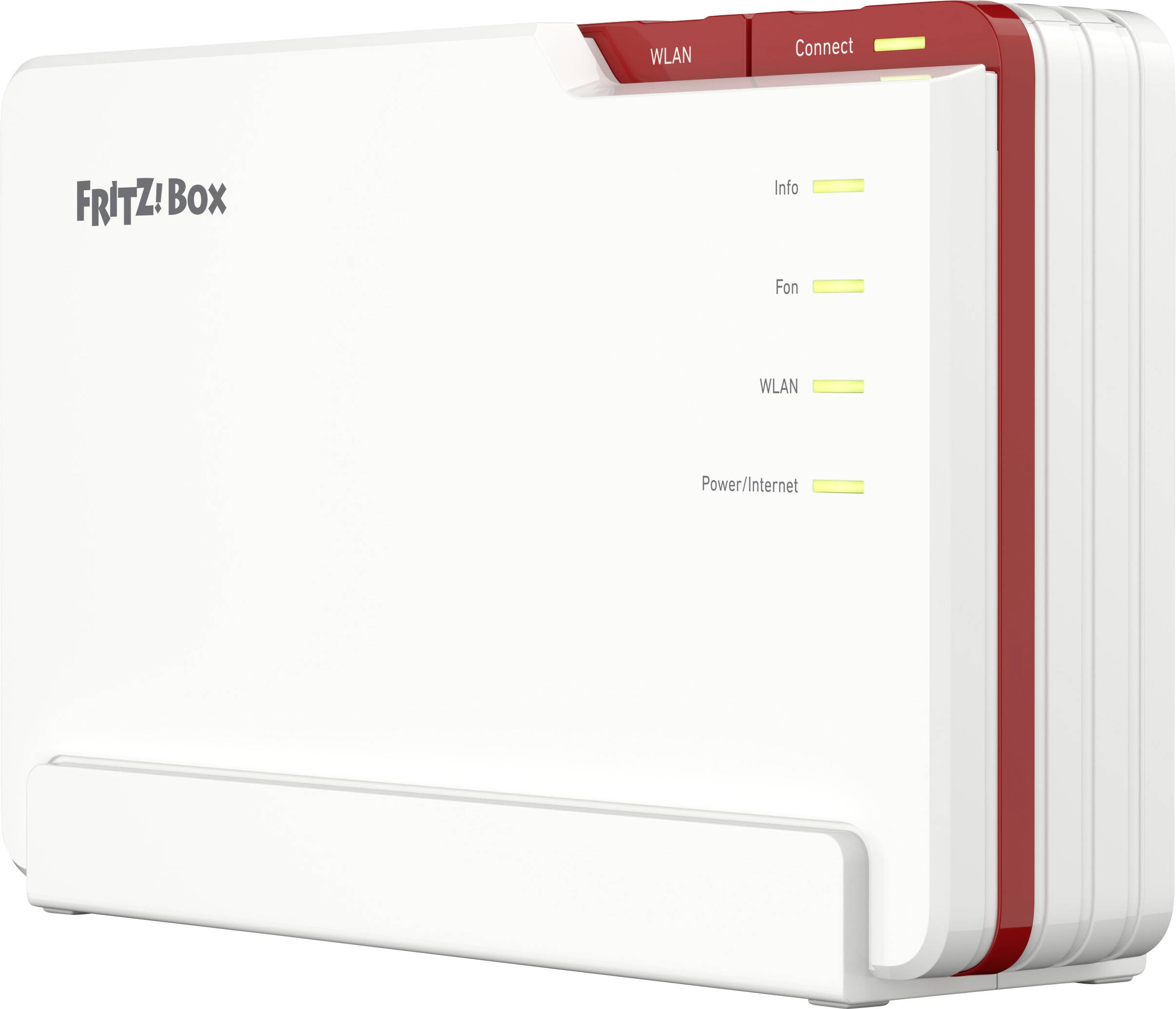 Un modem Fritz!Box blanc et rouge avec des voyants indicateurs étiquetés « Info », « Fon », « WLAN » et « Power/Internet » affichés sur le côté.