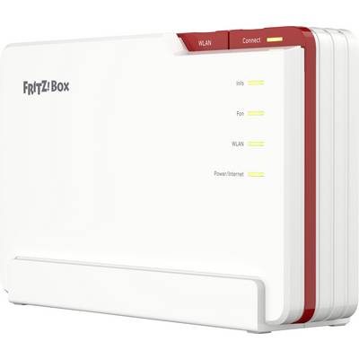 Un modem Fritz!Box blanc et rouge avec des voyants indicateurs étiquetés « Info », « Fon », « WLAN » et « Power/Internet » affichés sur le côté.