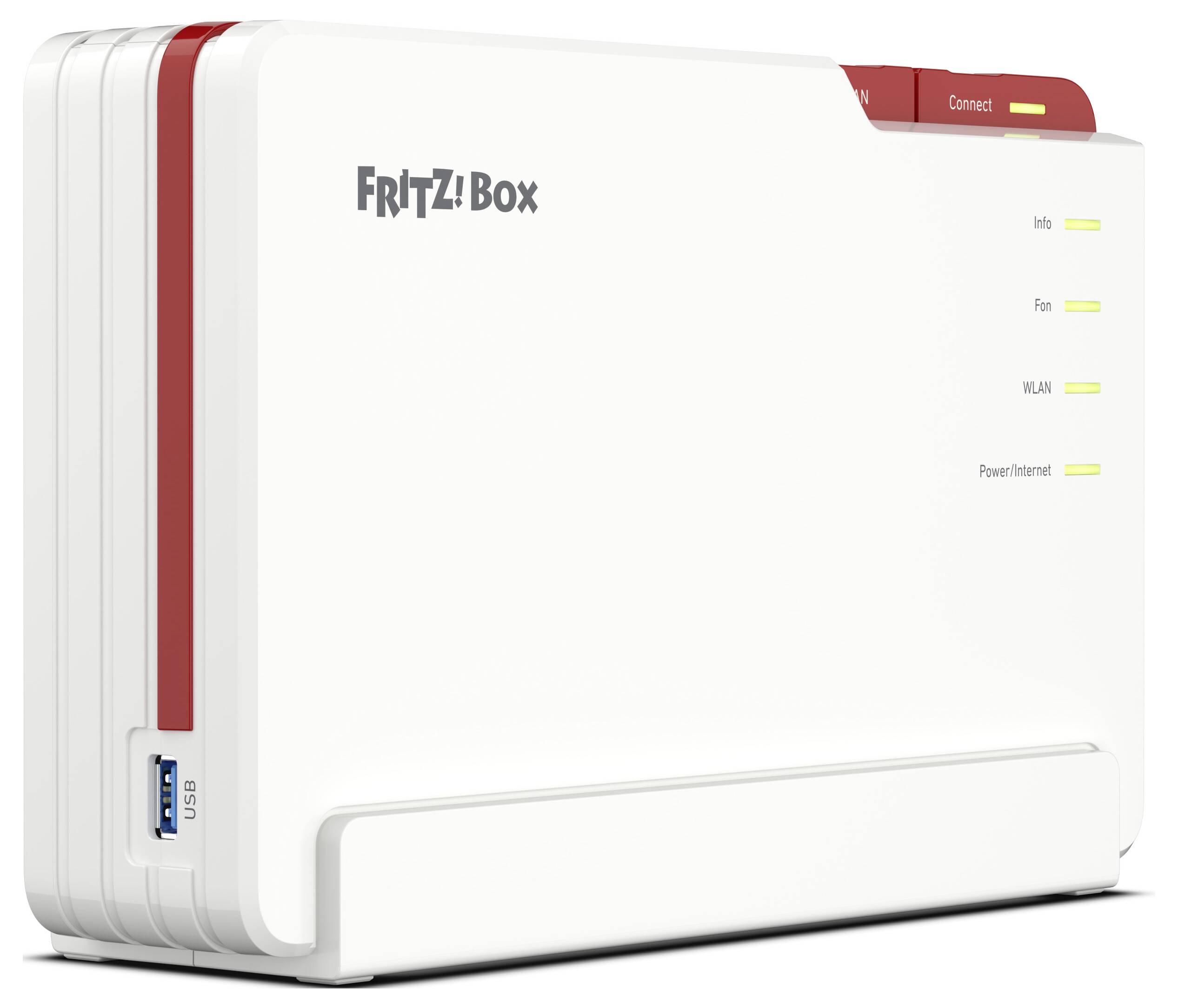 Un routeur Wi-Fi blanc avec la marque « FRITZ!Box » et des voyants LED verts pour Info, Fon, WLAN et Power/Internet sur le côté.