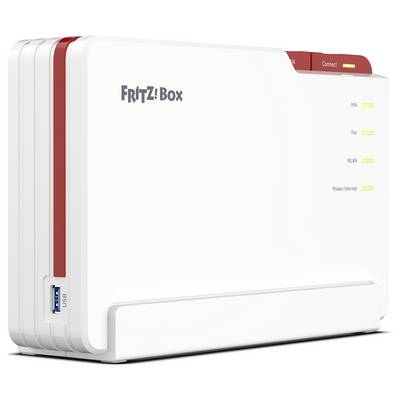 Un routeur Wi-Fi blanc avec la marque « FRITZ!Box » et des voyants LED verts pour Info, Fon, WLAN et Power/Internet sur le côté.