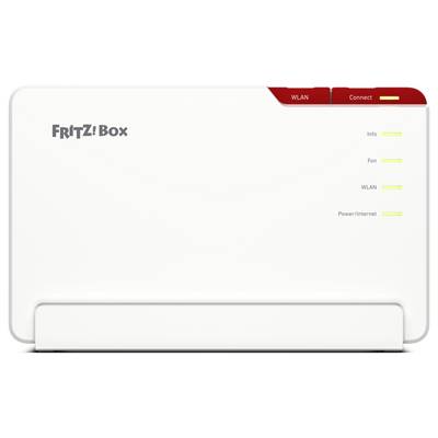 Un modem rectangulaire blanc étiqueté « FRITZ! Box » avec des voyants d'état pour Info, Fon, WLAN et Power/Internet sur la droite.