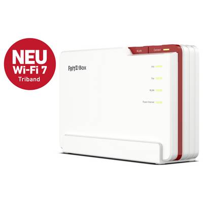 Routeur FRITZ!Box avec Wi-Fi 7, support tribande, design rouge et blanc, avec voyants lumineux étiquetés pour Info, Fon, WLAN et Power/Internet.