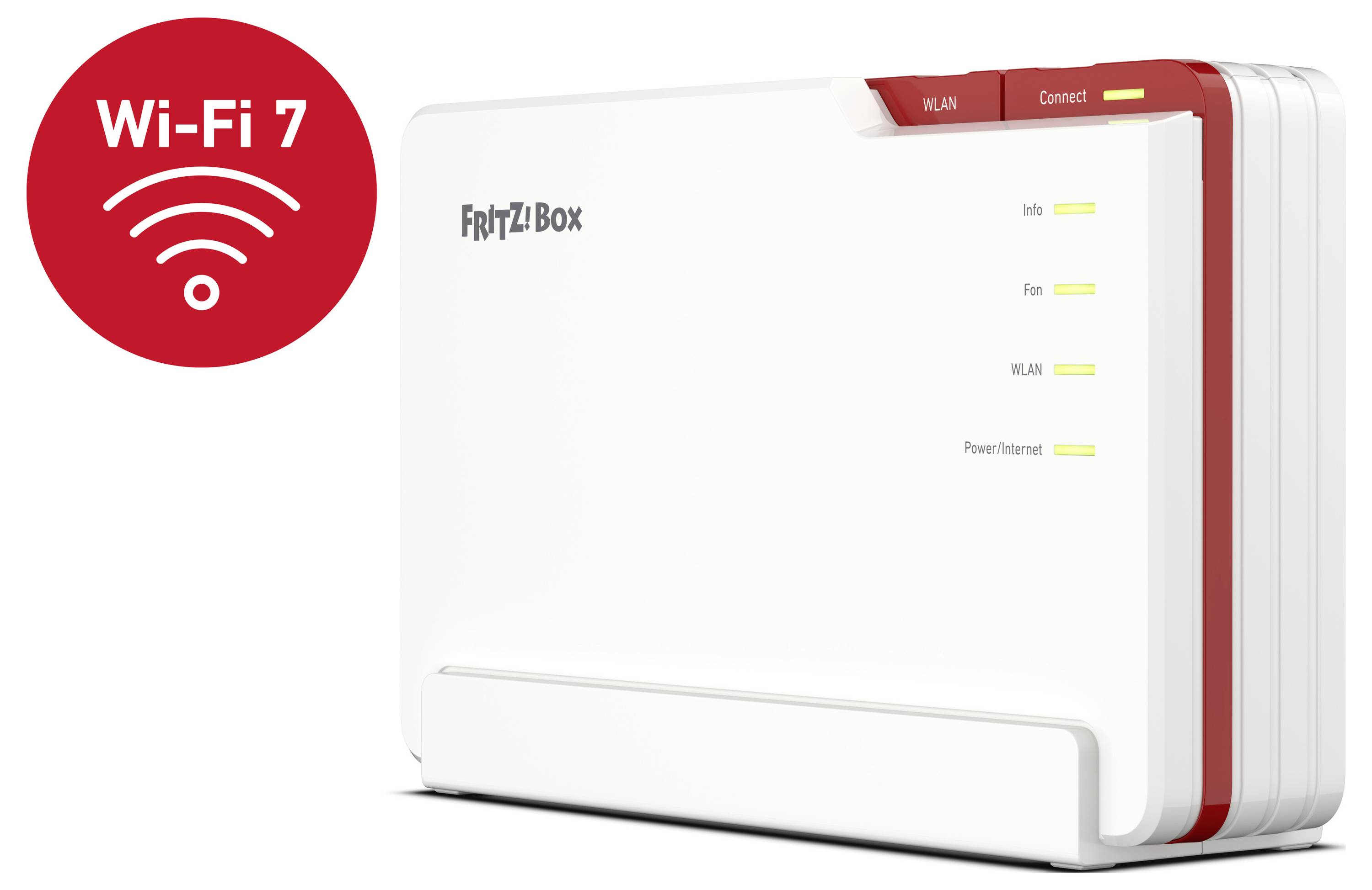 Un routeur Wi-Fi 7 domestique au design épuré. L'appareil affiche quatre voyants lumineux étiquetés : Info, Fon, WLAN et Power/Internet.