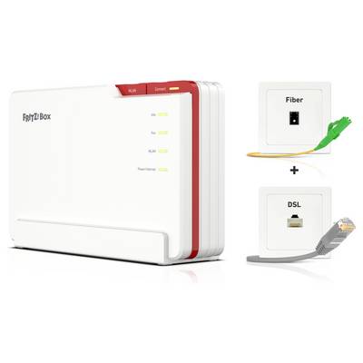 Un routeur blanc et rouge avec des voyants indicateurs est montré à côté de prises murales pour les connexions Fibre et DSL, démontrant la compatibilité.