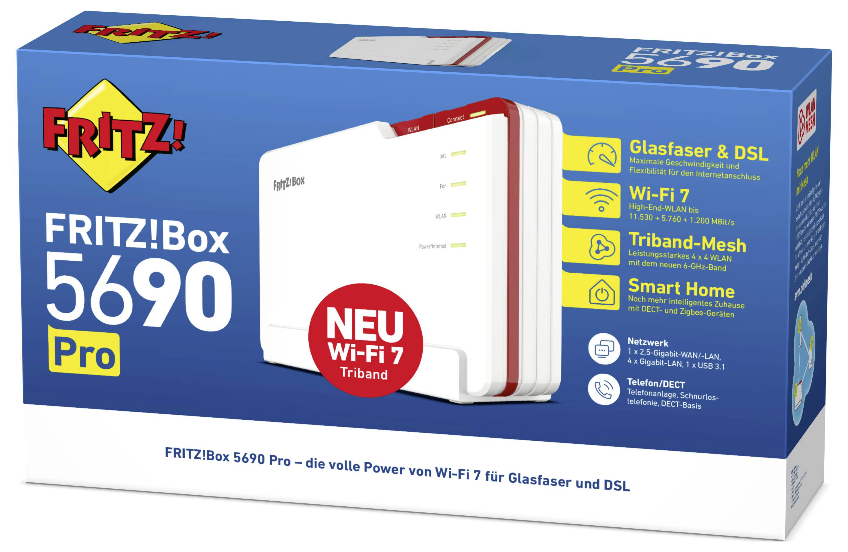 Emballage « FRITZ!Box 5690 Pro » ; met en évidence le Wi-Fi 7, le Mesh Tribande, les fonctionnalités Maison Intelligente, la compatibilité avec la fibre optique et l'ADSL.