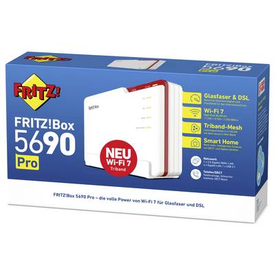 Emballage « FRITZ!Box 5690 Pro » ; met en évidence le Wi-Fi 7, le Mesh Tribande, les fonctionnalités Maison Intelligente, la compatibilité avec la fibre optique et l'ADSL.
