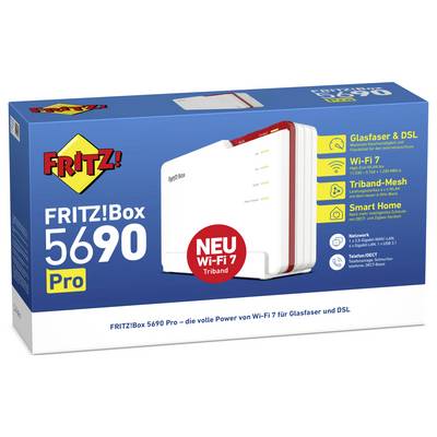 Boîte d'emballage « FRITZ!Box 5690 Pro » mettant en avant les caractéristiques suivantes : Wi-Fi 7, Tri-bande, intégration de la maison intelligente, avec une image du routeur.