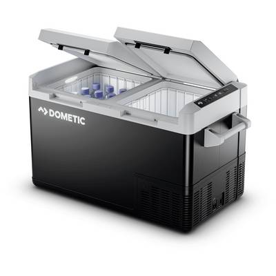 Refroidisseur électrique portable à deux compartiments Dometic avec deux couvercles ouverts, montrant le rangement intérieur pour les aliments et les boissons.