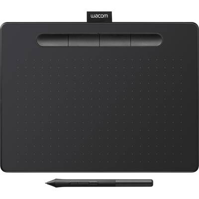 Une tablette à dessin noire avec trois boutons sur le dessus, accompagnée d'un stylet en dessous. Utilisée pour la création d'art numérique et le design graphique.