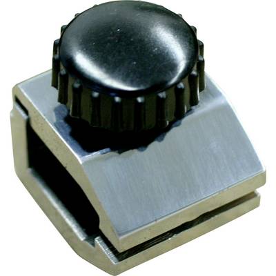 Un serre-joint métallique brillant avec un bouton noir et strié sur le dessus, conçu pour maintenir des objets en place, généralement utilisé dans les contextes de quincaillerie ou de construction.