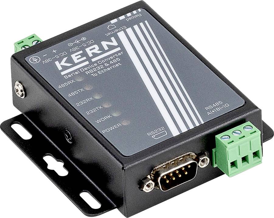 Un convertisseur de dispositif série noir étiqueté « KERN », affichant des ports pour les connexions RS232 et RS485, avec des voyants indicateurs d'état pour le fonctionnement.