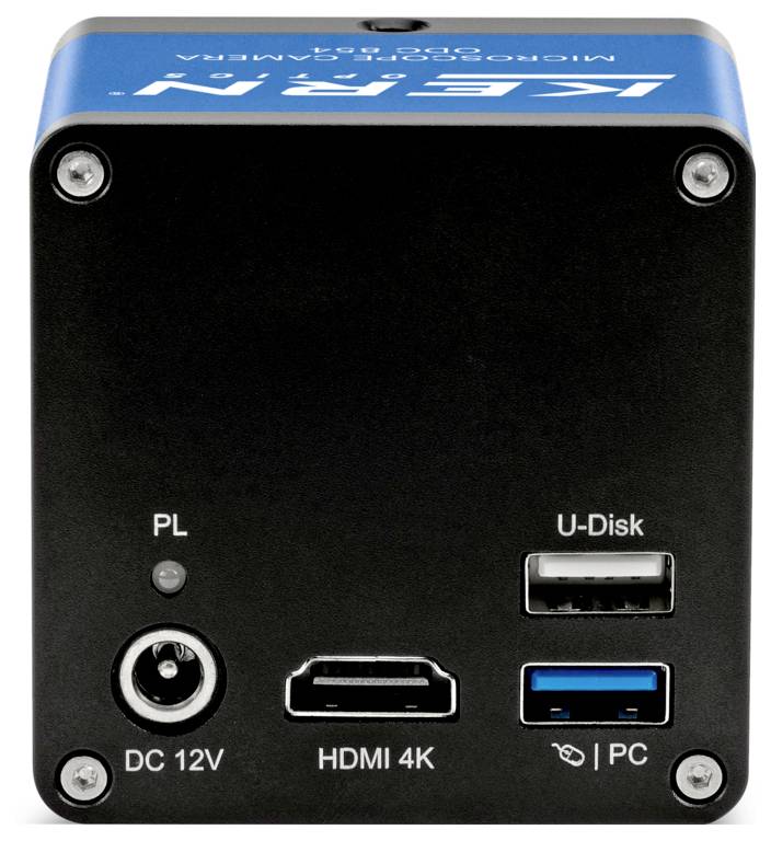 Le panneau arrière de la caméra de microscope montre des ports étiquetés « CC 12V », « HDMI 4K », « Clé USB » et « PC ».