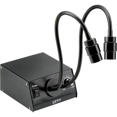 Une source lumineuse LED noire avec des bras à col de cygne flexibles pour diriger la lumière. Comprend un interrupteur d'alimentation et un cadran de luminosité étiqueté de « Min » à « Max ».
