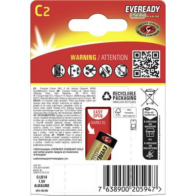 Emballage recyclable des piles alcalines Eveready Gold C2. Contient des avertissements, des instructions d'utilisation, un code à barres et des symboles de recyclage.