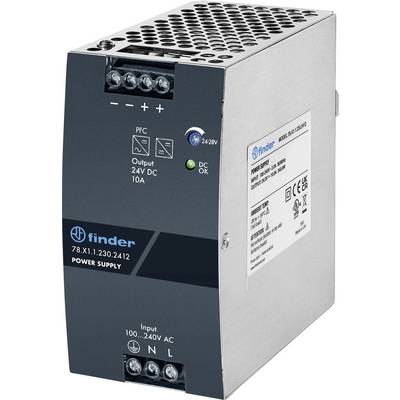 Unité d'alimentation « Finder » avec entrée 100-240V AC, sortie 24V DC, 10A. Le panneau avant affiche les indicateurs de puissance et les ports de connexion.
