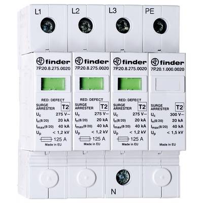 Les parafoudres électriques avec indicateurs de fonctionnement verts et étiquetés L1, L2, L3, PE, N. Gère la protection contre les surtensions et les surintensités.
