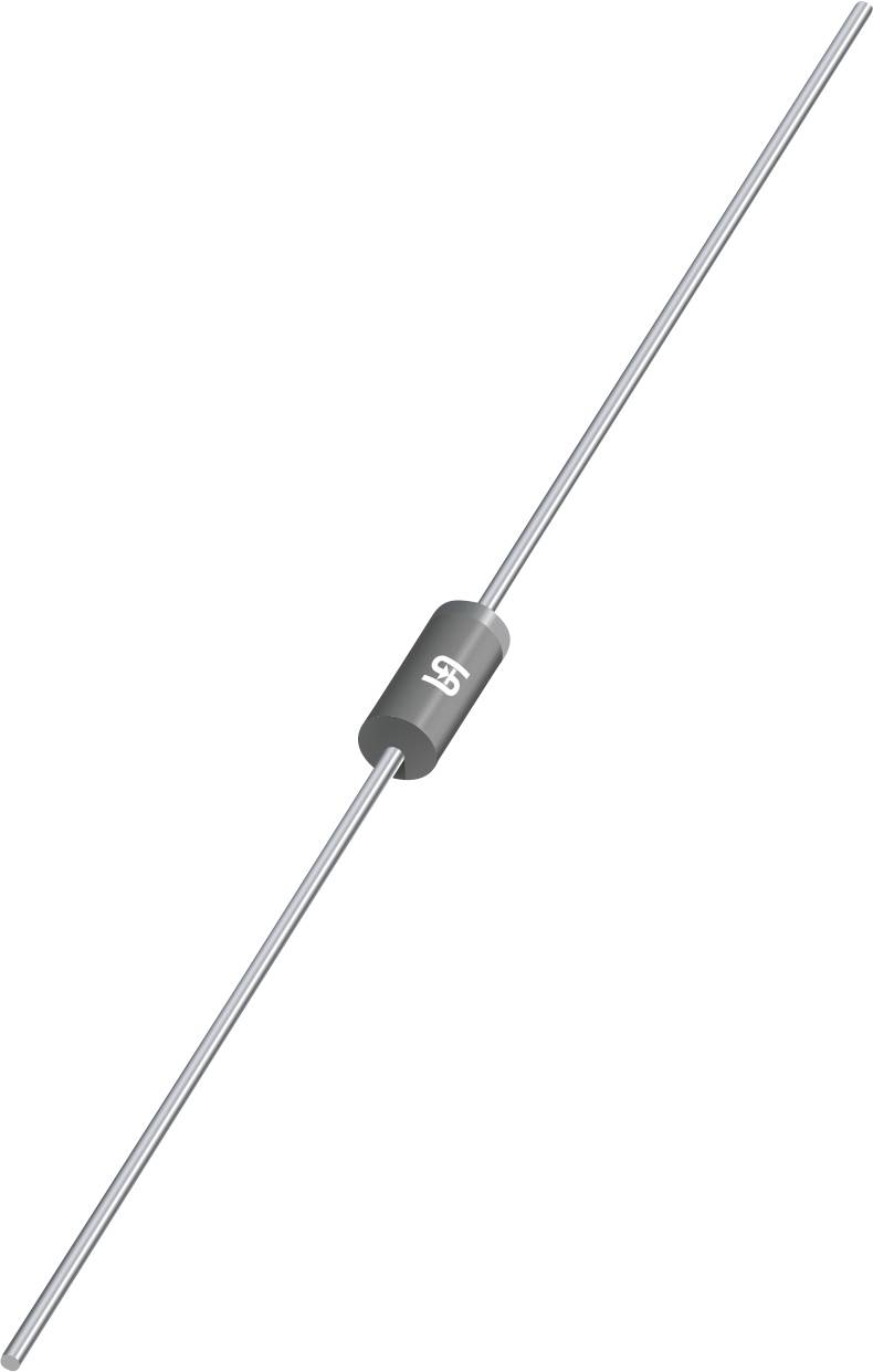 Une diode avec des fils axiaux orientés horizontalement, présentant un corps cylindrique noir marqué d'un symbole blanc.