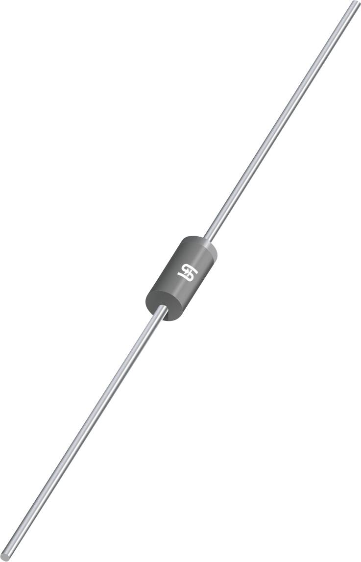 Un diode avec deux fils métalliques s'étendant d'un corps cylindrique noir marqué d'une bande, indiquant la direction du flux de courant.