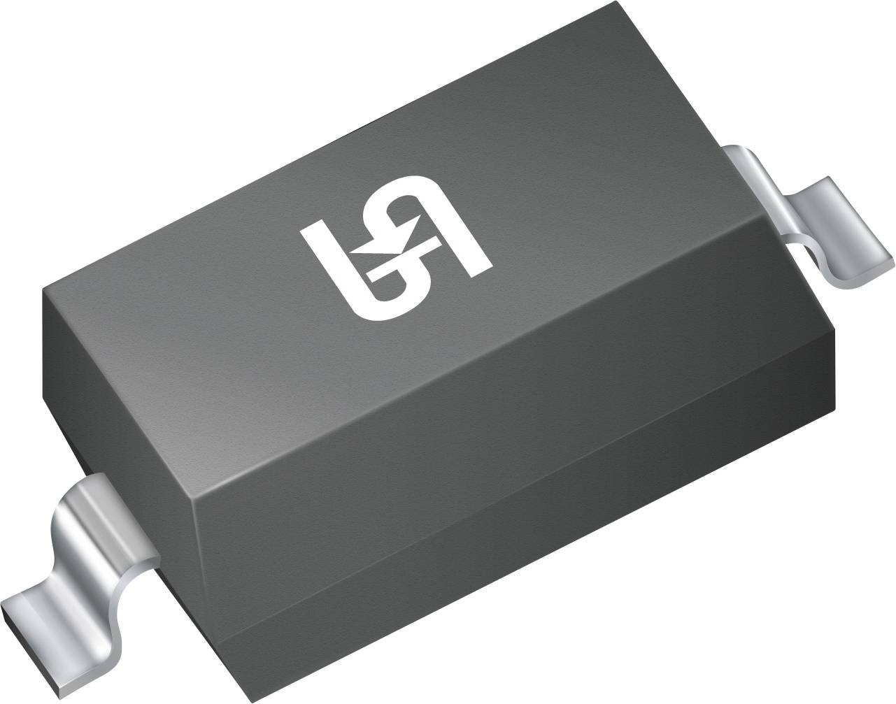 Un petit composant électronique rectangulaire avec des broches métalliques à chaque extrémité, présentant un logo blanc sur la surface supérieure.