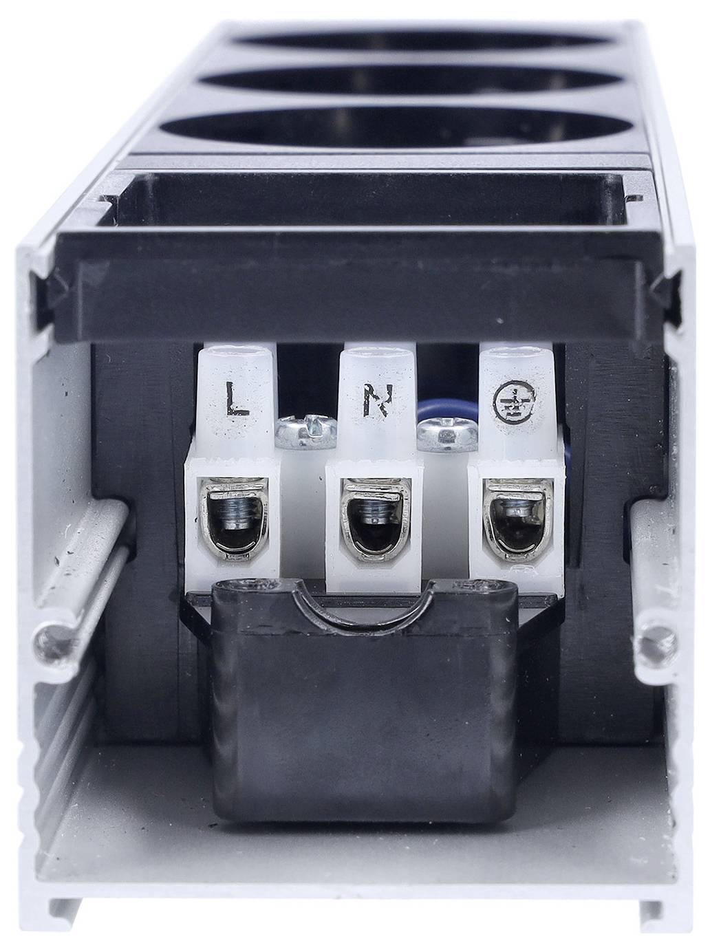 Vue rapprochée d'une barrette de connexion électrique montrant les connexions étiquetées pour les fils de phase (L) et de neutre (N), destinée aux branchements électriques.