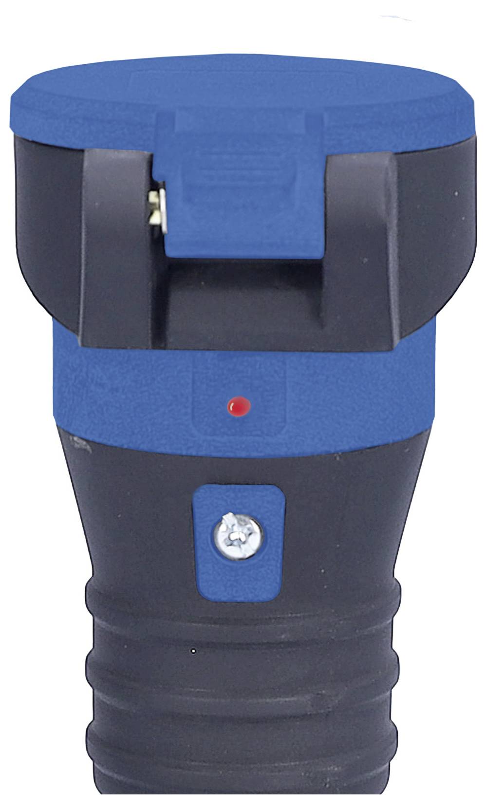 Un connecteur noir et bleu avec un couvercle, doté d'un voyant lumineux rouge et d'une vis visible au centre.