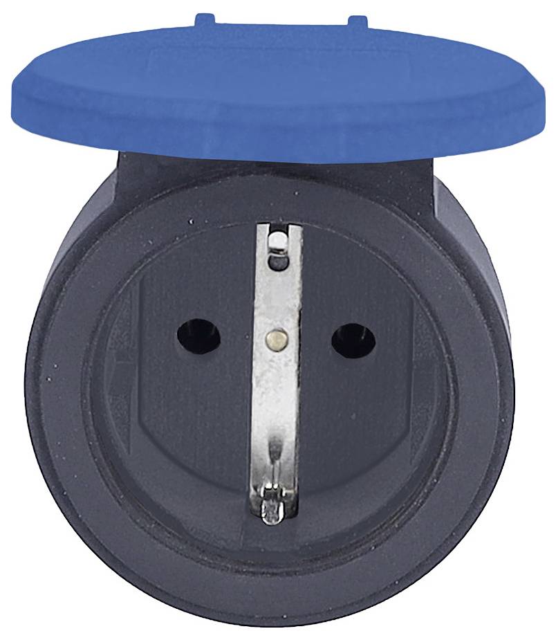 Une prise électrique noire ronde avec un couvercle bleu incliné vers le haut.