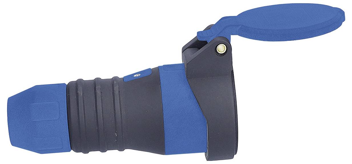 Une prise industrielle bleue et noire avec un capot de protection rabattable, conçue pour les connexions électriques haute tension, présentée sur un fond blanc.