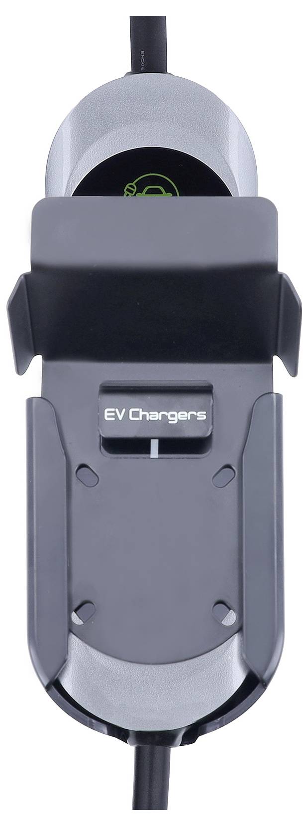 Un chargeur de véhicule électrique noir et gris avec un écran affichant une icône de prise verte. L'étiquette indique « Chargeurs pour véhicules électriques ».
