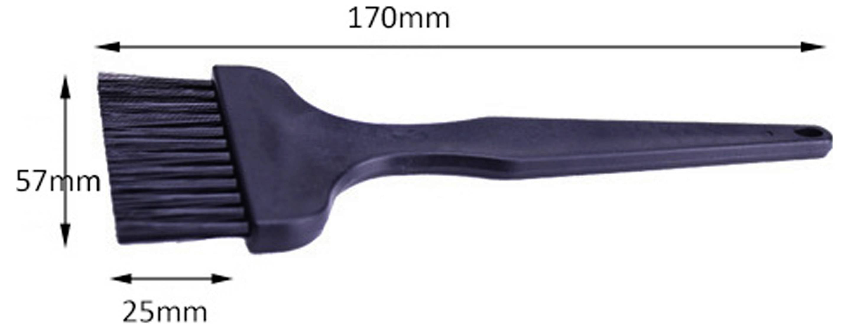 Pinceau noir présenté en vue de profil avec étiquettes de dimensions : 170 mm de long, 57 mm de haut, 25 mm de largeur du pinceau.