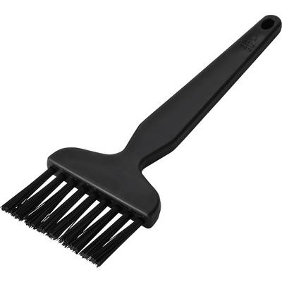 Brosse en plastique noir avec long manche et soies rigides, présentée sur fond blanc.