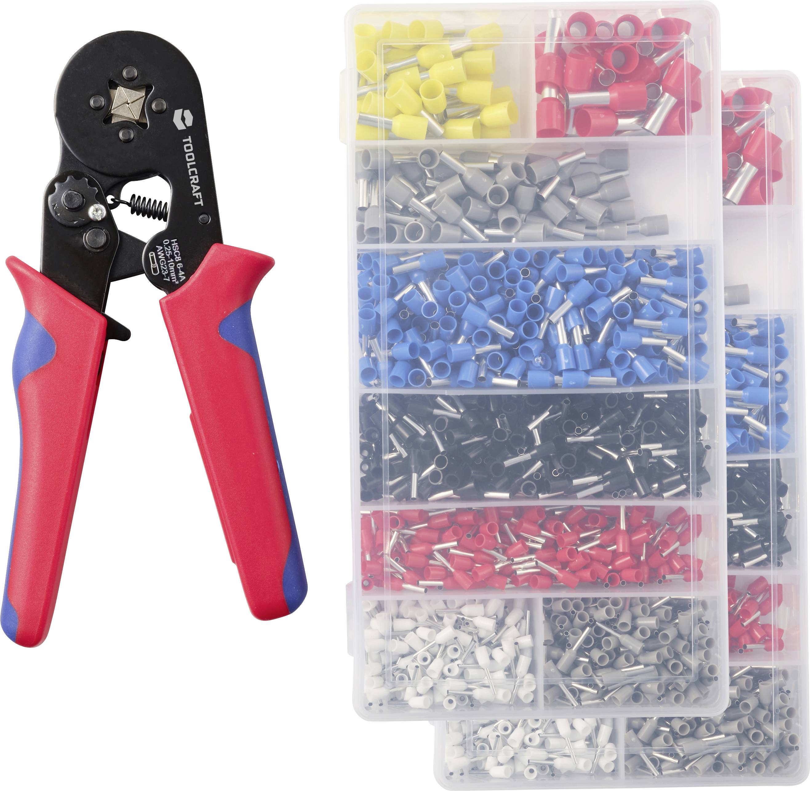 Outil de sertissage à côté de boîtes d'organisateurs en plastique remplies de viroles et de connecteurs de fils de couleurs assorties.