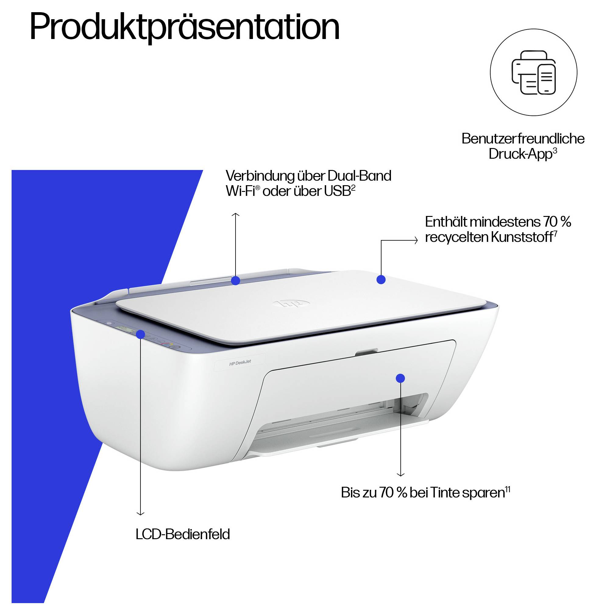 Imprimante multifonction avec design écologique ; économisez jusqu'à 70 % d'encre ; Wi-Fi double bande ; contient 70 % de plastique recyclé.