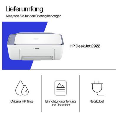 'Contenu de la livraison : Imprimante HP DeskJet 2922, encre HP d'origine, guide d'installation et aperçu, câble d'alimentation.'