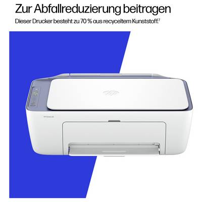 Une imprimante, composée à 70 % de plastique recyclé, devant un fond bleu. Texte en haut : « Contribuer à la réduction des déchets ».