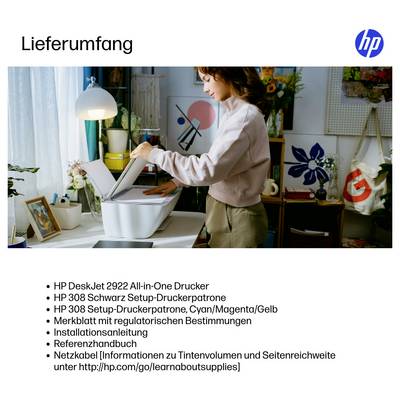 'Contenu de la livraison': Femme avec imprimante et accessoires. Inclus: HP DeskJet 2922, cartouches, manuel d'instructions, câble d'alimentation. Renvoi au site Web pour plus d'informations.