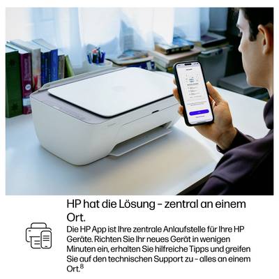 Une personne configure une imprimante HP avec une application pour smartphone. Le texte informe sur le point de contact central pour les appareils HP et l'assistance technique.