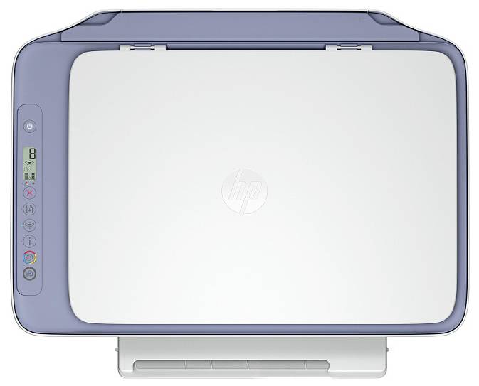 Une vue de dessus d'une imprimante HP fermée avec des boutons de contrôle sur le côté, dotée d'un écran monochrome et d'indicateurs de couleur.