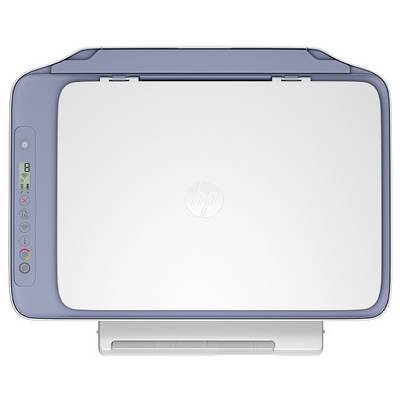 Une vue de dessus d'une imprimante HP fermée avec des boutons de contrôle sur le côté, dotée d'un écran monochrome et d'indicateurs de couleur.