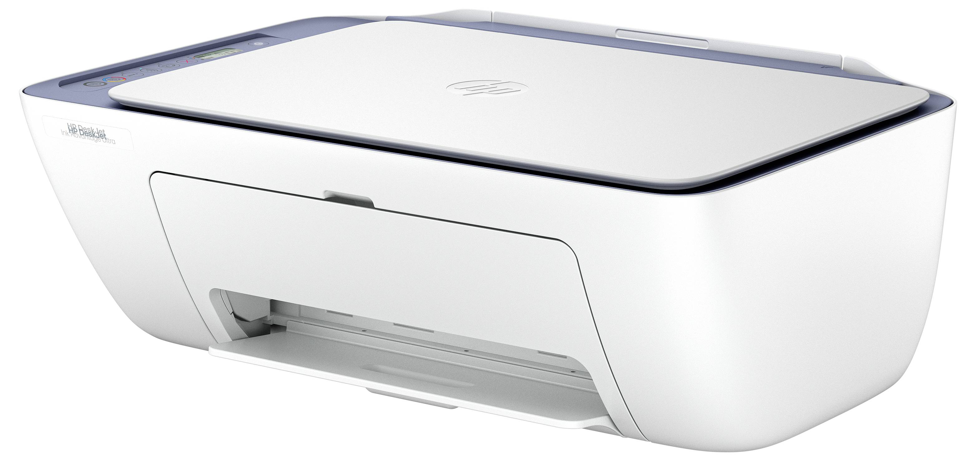 Une imprimante HP DeskJet blanche, légèrement inclinée, avec un scanner à chargement par le haut et un bac à papier frontal, adaptée à un usage domestique ou en petit bureau.