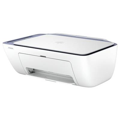 Une imprimante HP DeskJet blanche, légèrement inclinée, avec un scanner à chargement par le haut et un bac à papier frontal, adaptée à un usage domestique ou en petit bureau.