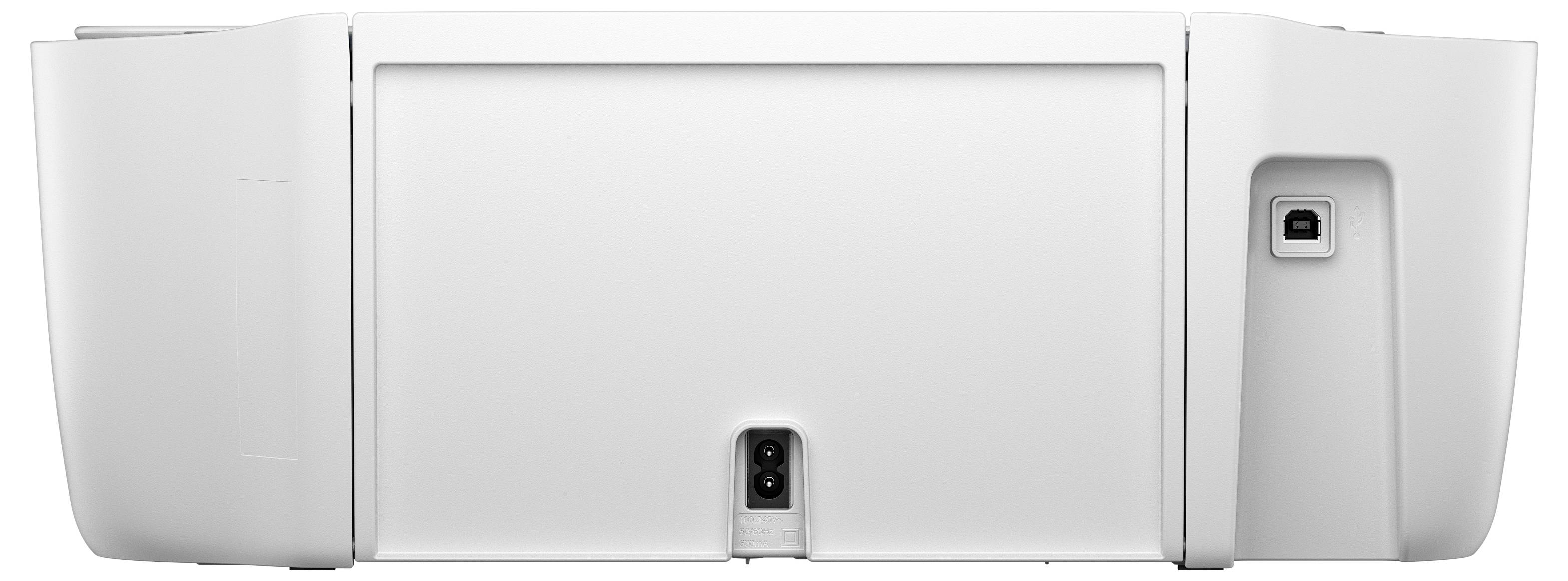 Une imprimante blanche vue de l'arrière, montrant les ports d'alimentation et USB, sur un fond uni.