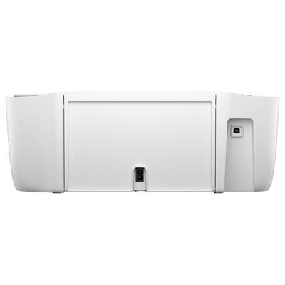 Une imprimante blanche vue de l'arrière, montrant les ports d'alimentation et USB, sur un fond uni.